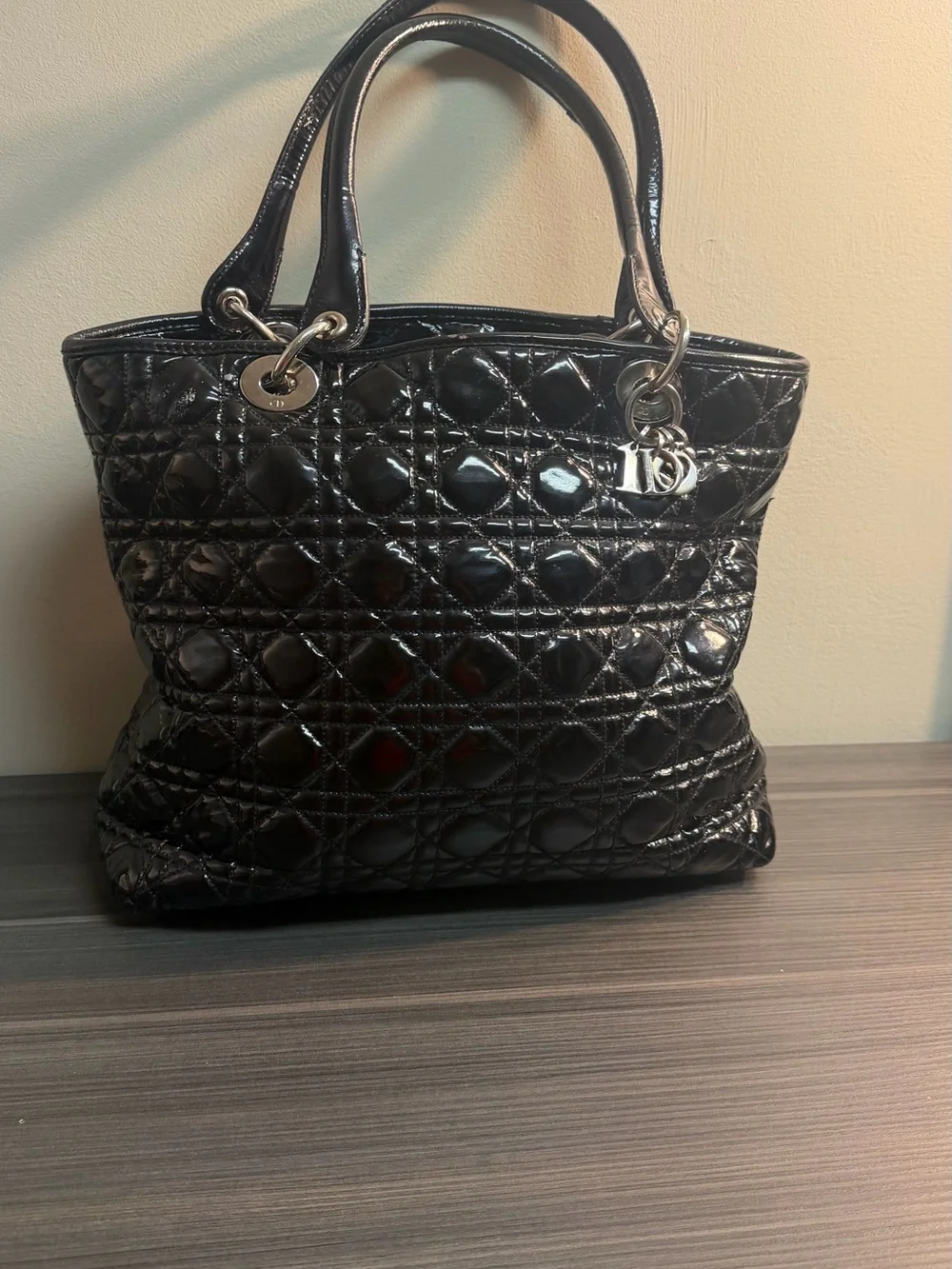 CHRISTIAN DIOR Black Cannage Quilted Patent Leather Small Dior Soft Tote Bag Ove